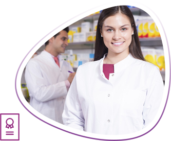 Pharmacy technician smiles standing before pharmacy shelves and coworker