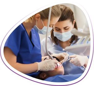 Masked dental assistant and dentist perform procedure on client